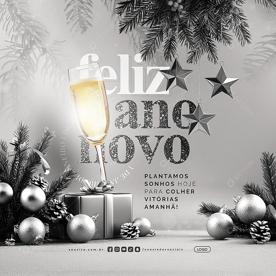 Feliz Ano Novo 01 de Janeiro Plantamos Sonhos Social Media PSD Editável