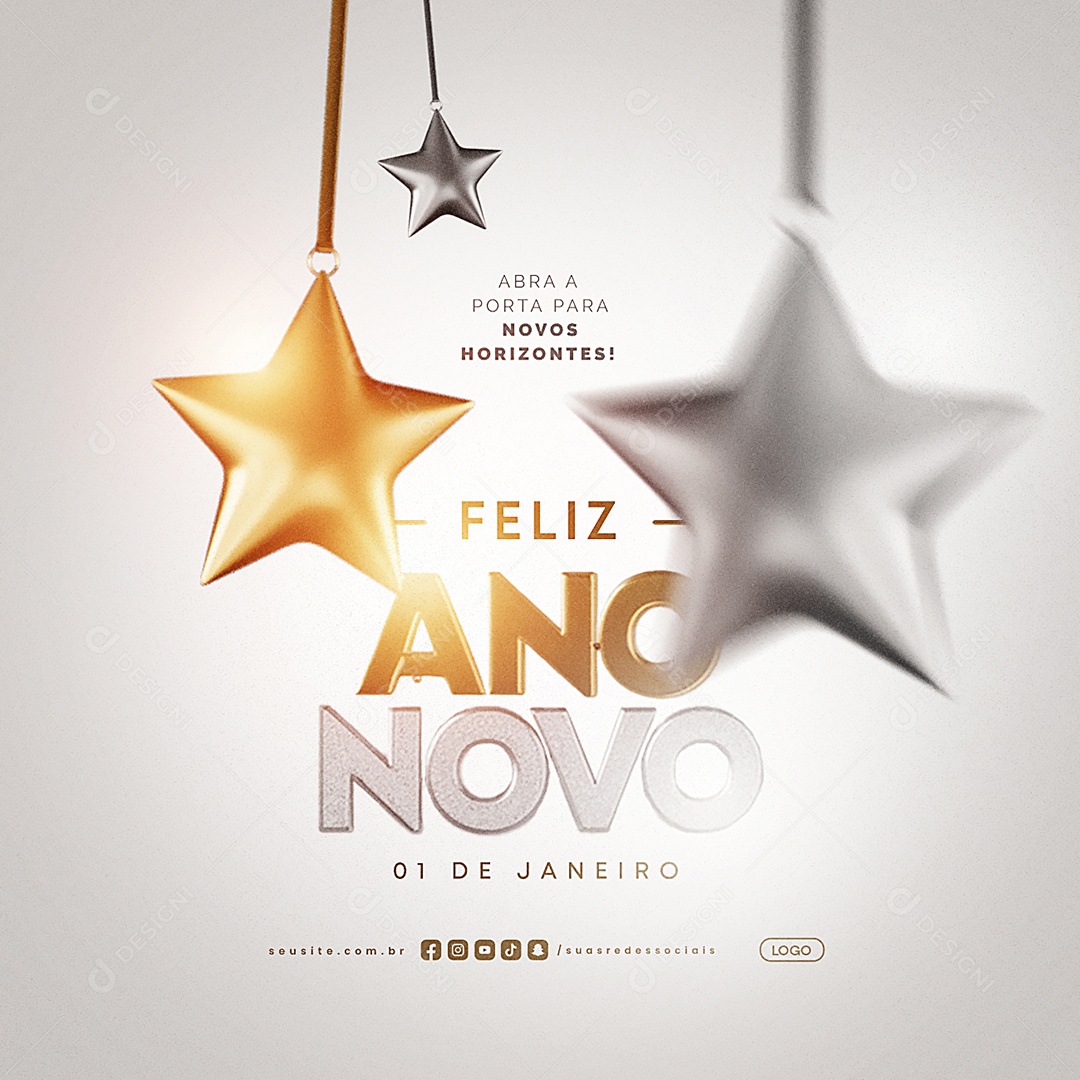 Feliz Ano Novo 01 de Janeiro Abra a Porta para Novos Horizontes Social Media PSD Editável