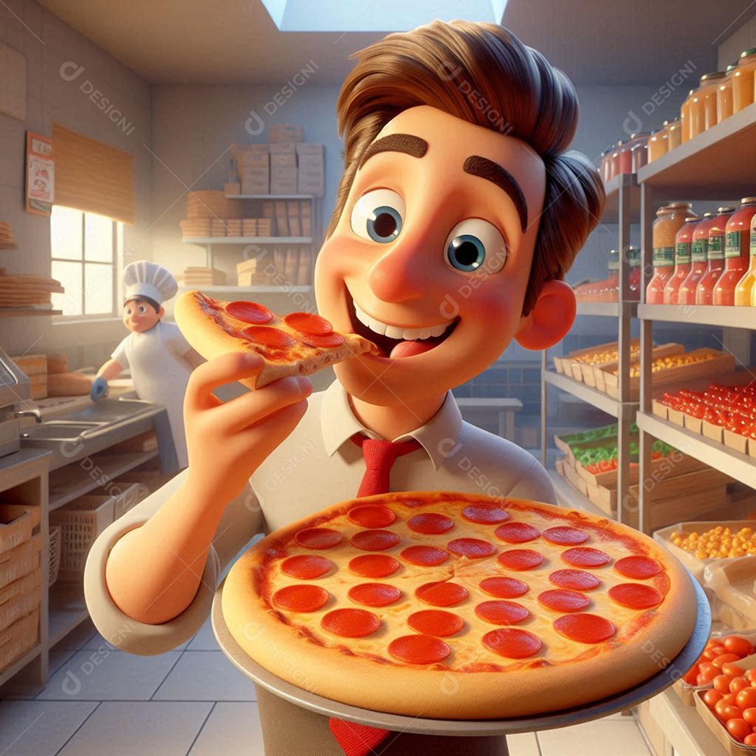 Persoangem 3D comendo uma pizza numa padaria