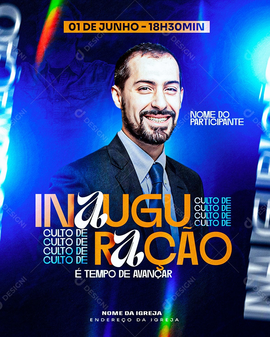 Flyer Gospel Culto de Inauguração Social Media PSD Editável