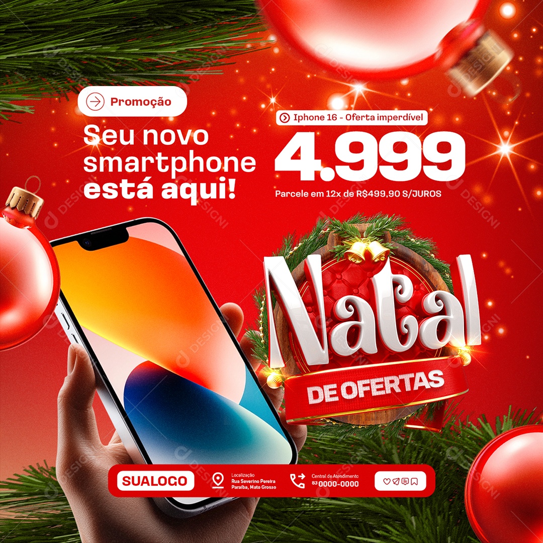 Loja de Celular Natal de Ofertas Seu Novo Smartphone Está Aqui Social Media PSD Editável