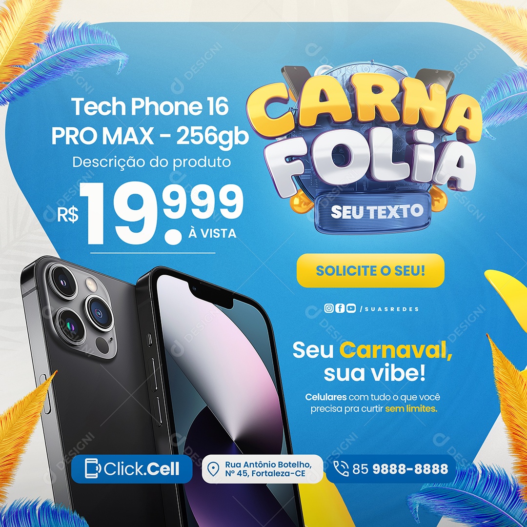 Carna Folia Loja de Celular Tech Phone Solicite o Seu Social Media PSD Editável