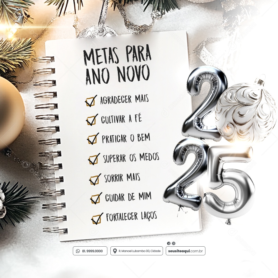 Feliz Ano Novo Novas Metas 01 de Janeiro 2025 Social Media PSD Editável