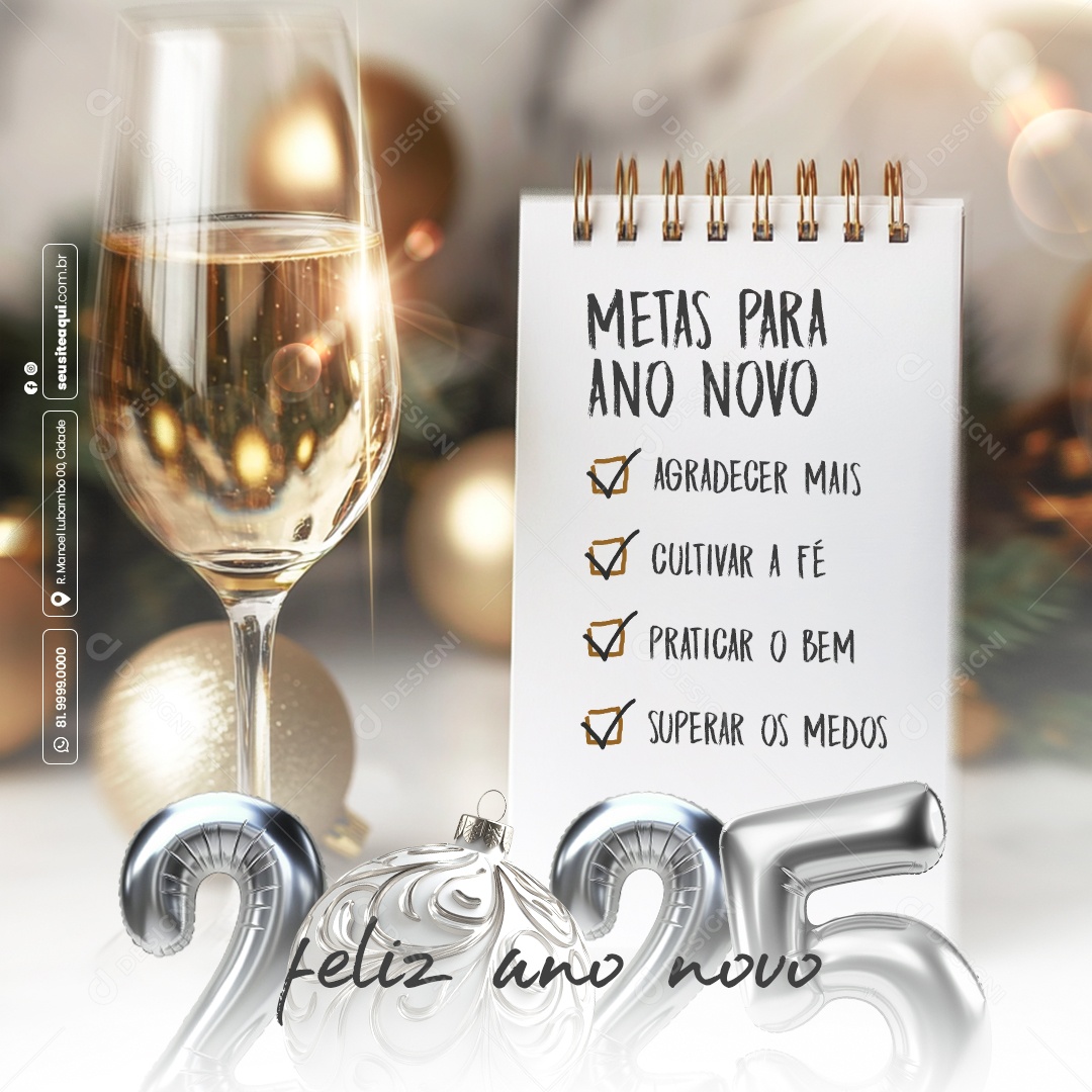 Feliz Ano Novo Novas Metas 01 de Janeiro 2025 Social Media PSD Editável