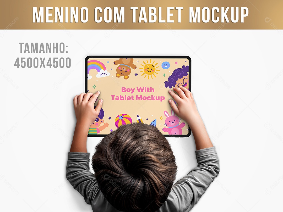 Menino Com Tablet Mockup PSD Editável