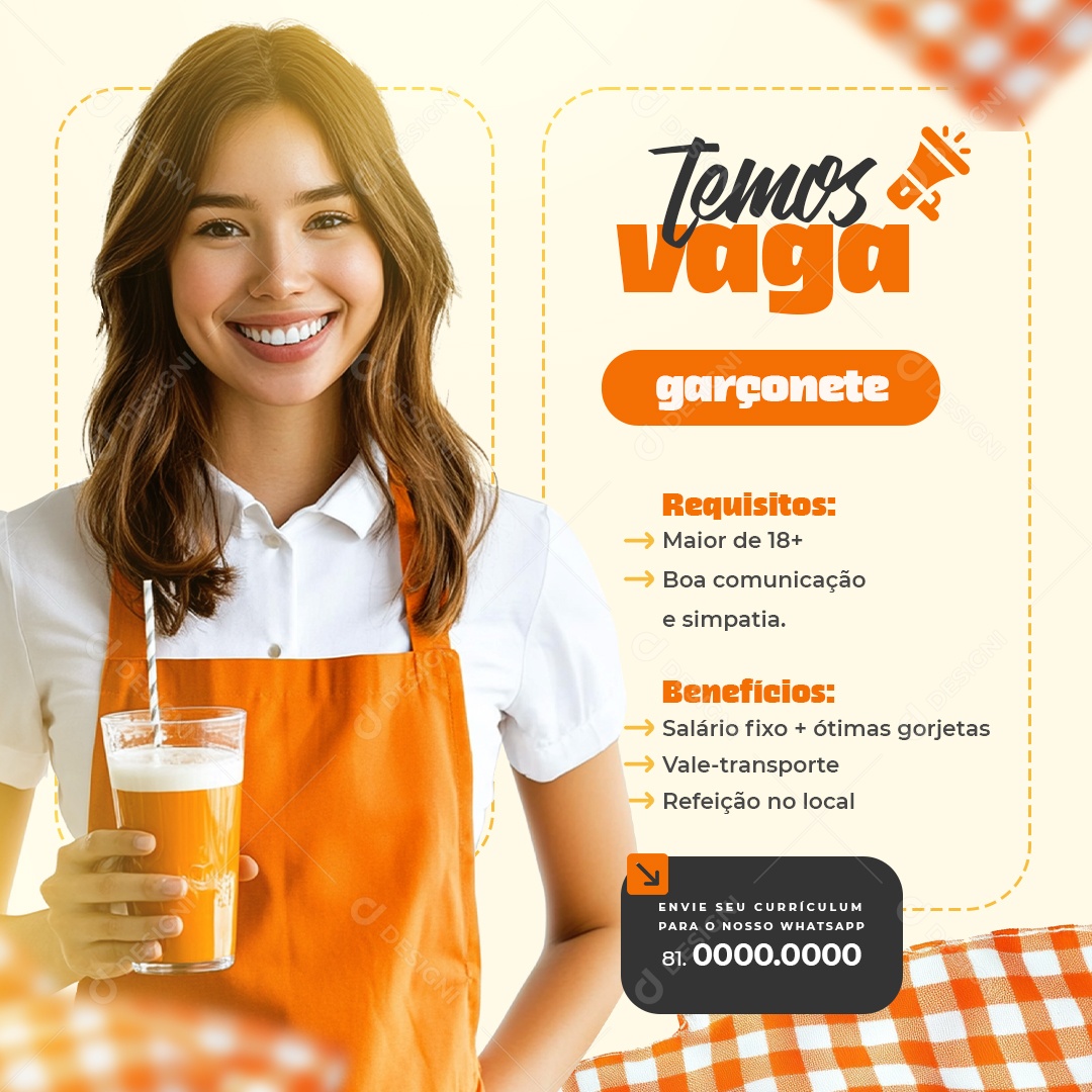 Vagas de Empregos Temos Vaga de Garçonete Social Media PSD Editável