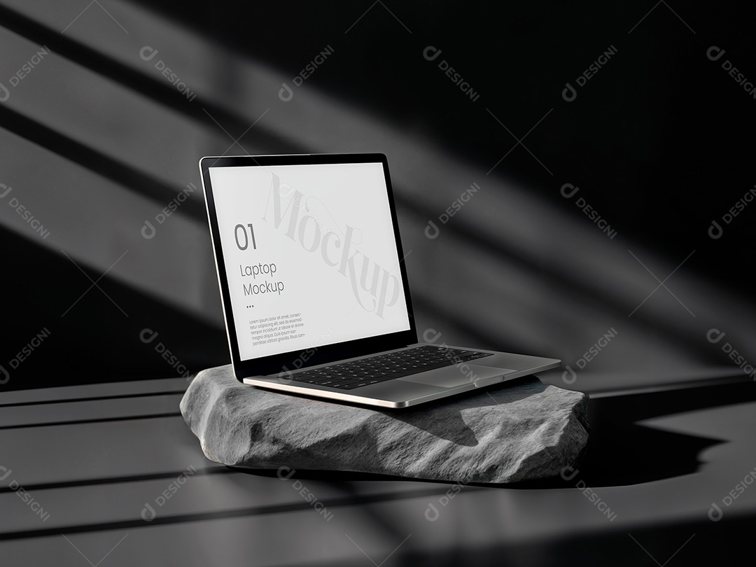 Notebook na Pedra Mockup PSD Editável