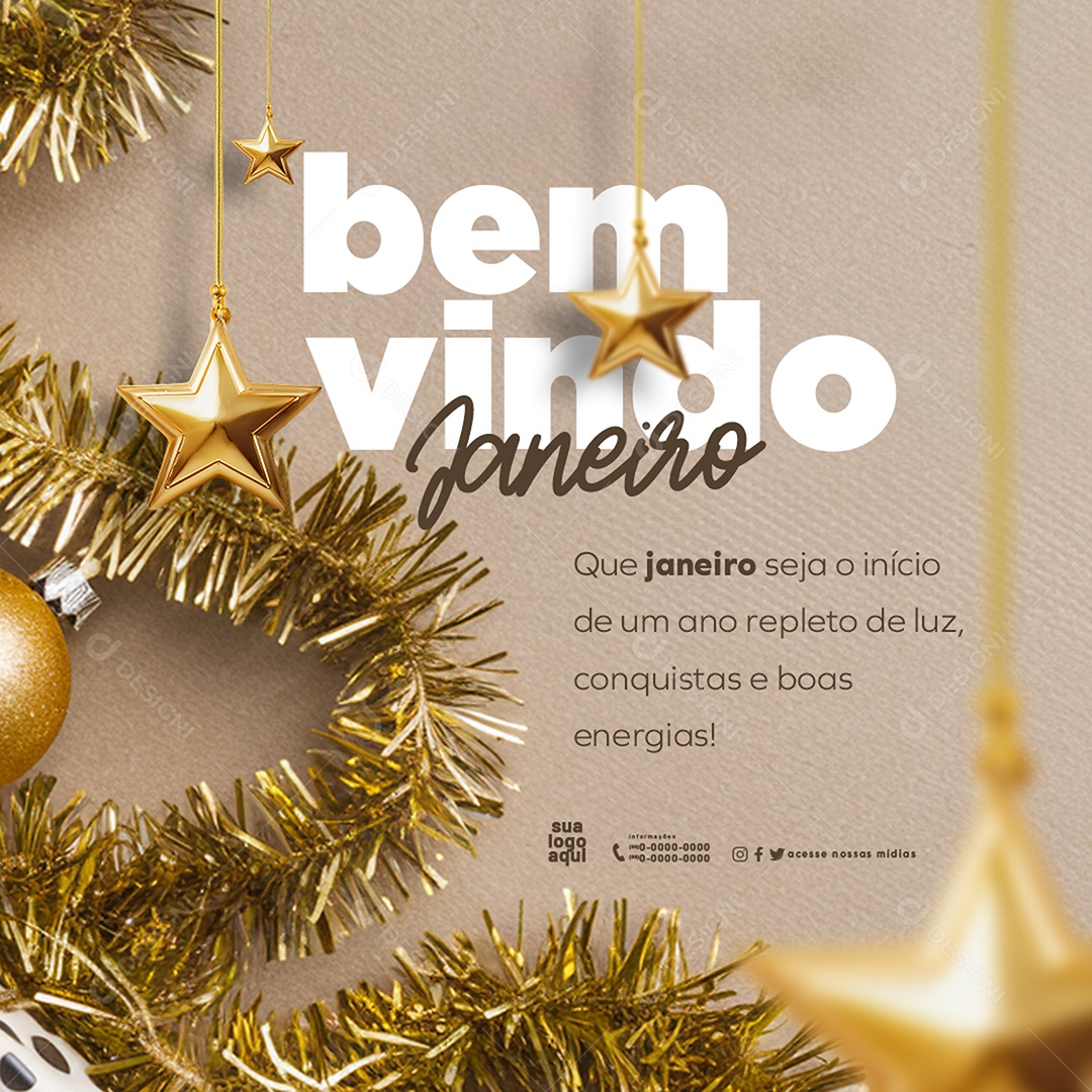 Feliz Ano Novo 2025 Bem Vindo Janeiro Social Media PSD Editável