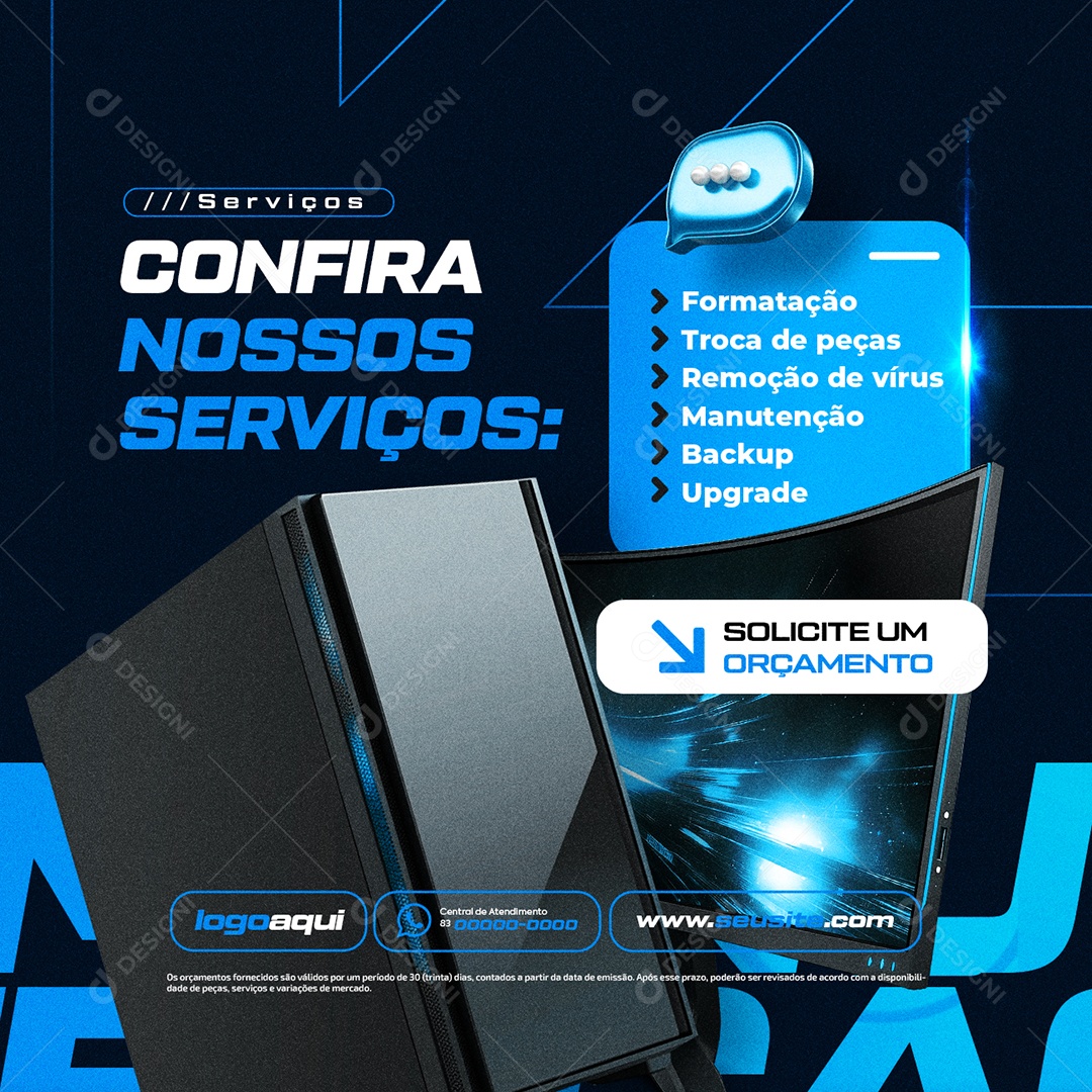 Assistência Técnica de Computador Serviços Solicite um Orçamento Social Media PSD Editável