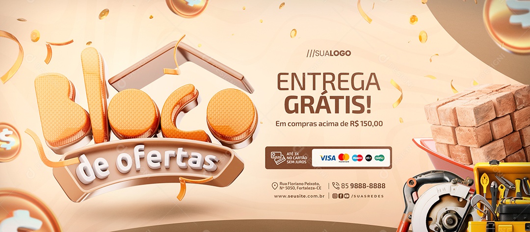Banner Bloco de Ofertas Materiais de Construção Entrega Grátis Social Media PSD Editável