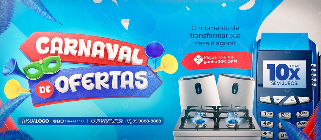 Banner Carnaval de Ofertas Loja de Eletrodomésticos Fogão Social Media PSD Editável