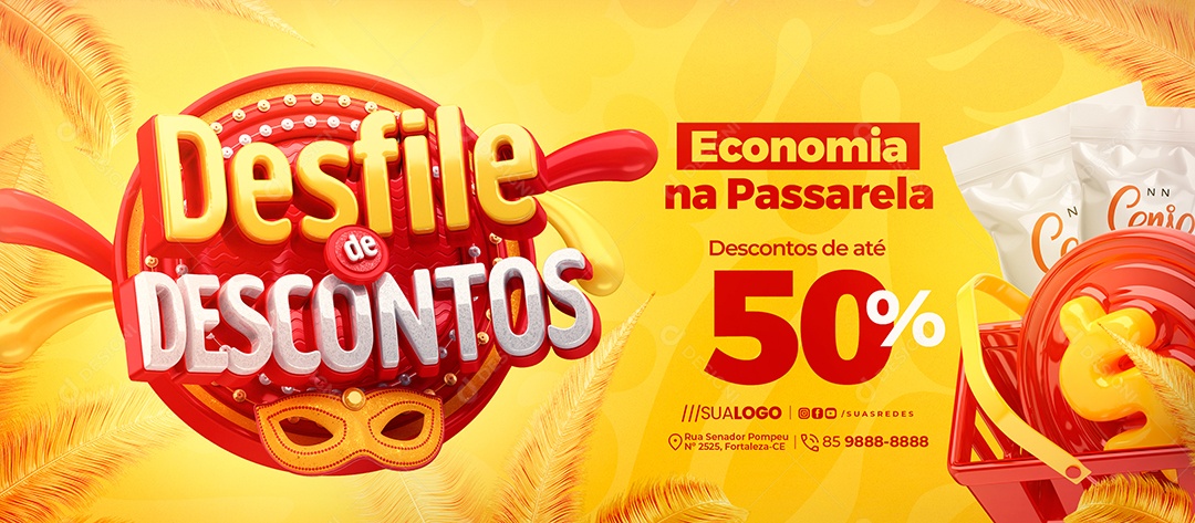 Banner Desfile de Descontos Supermercado Economia na Passarela Social Media PSD Editável