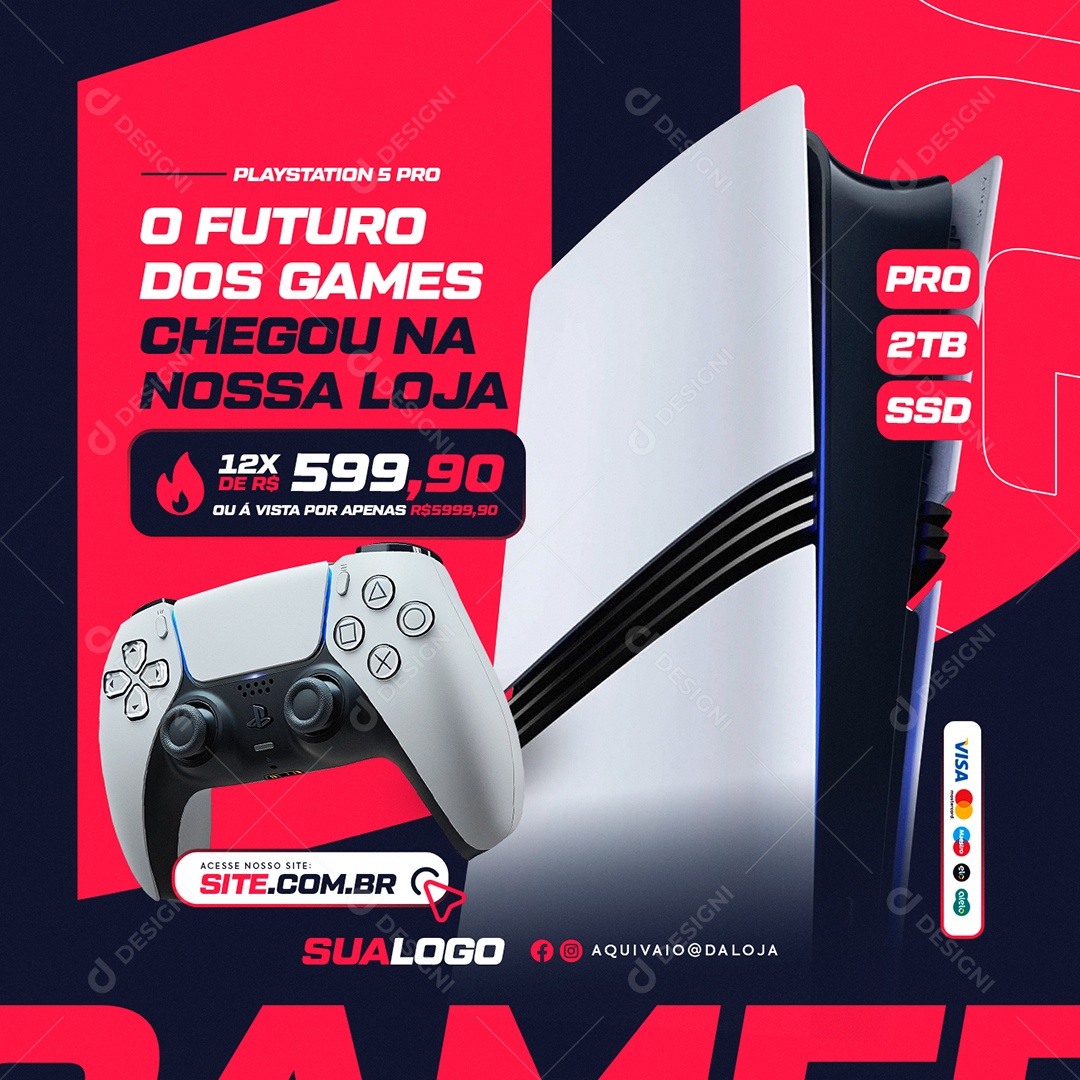 Loja de Games Playstation 5 Pro o Futuro dos Games Social Media PSD Editável