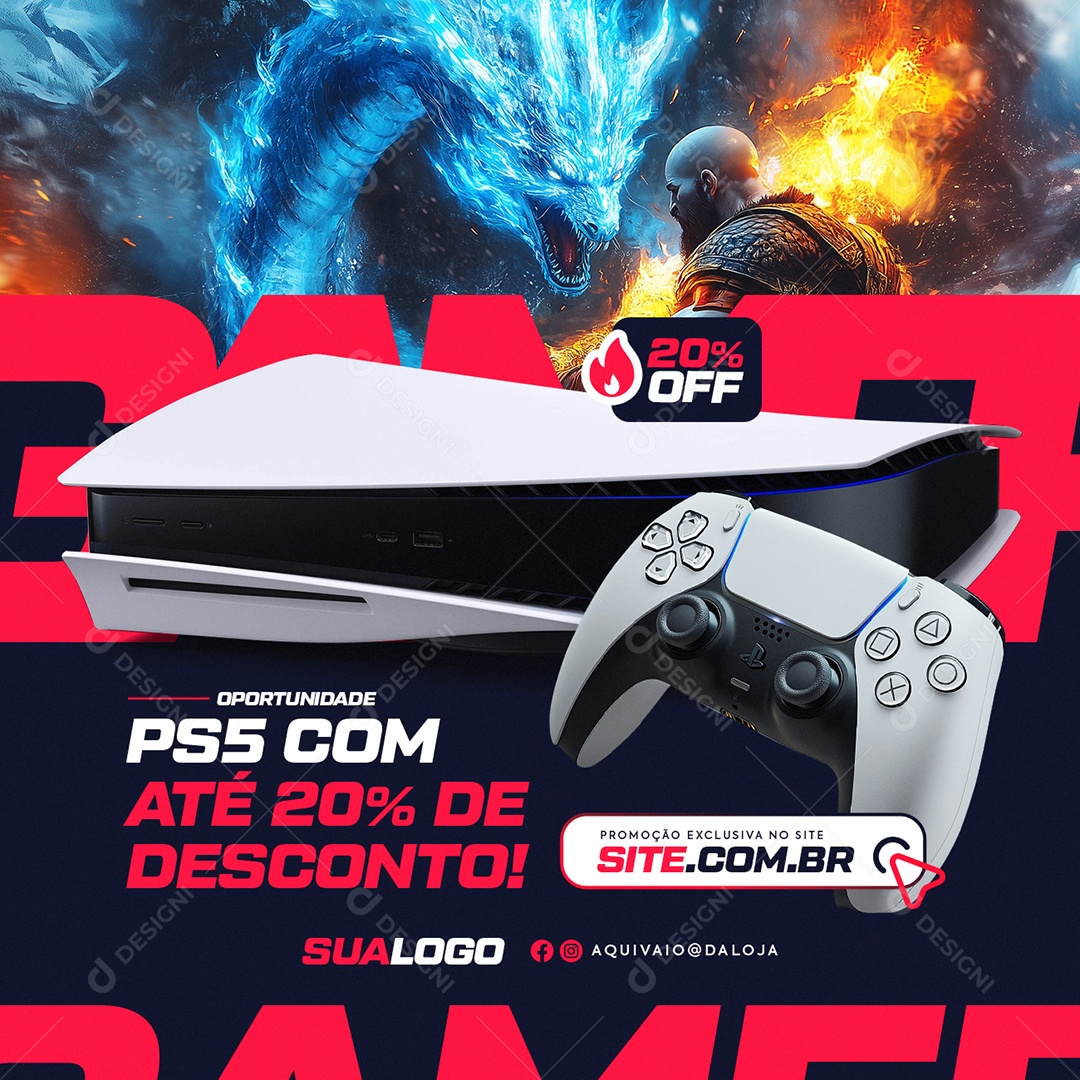 Loja de Games Oportunidade PS5 com Até 20% de Desconto Social Media PSD Editável