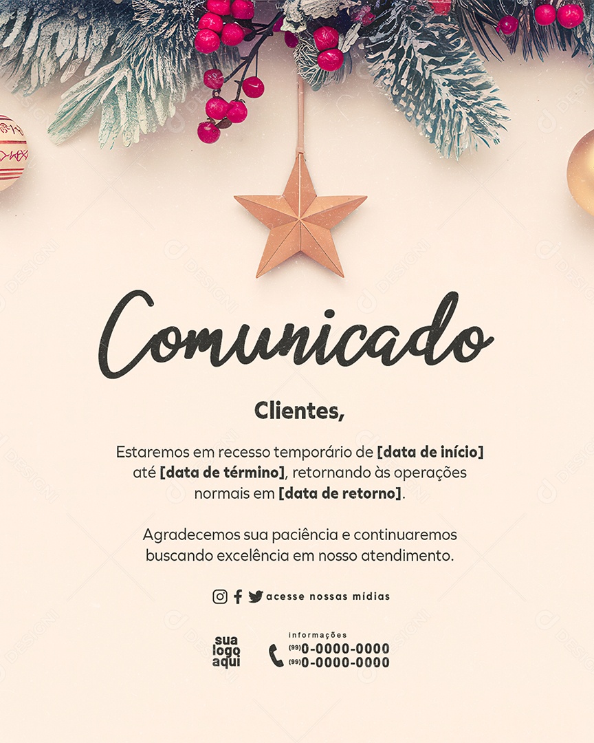 Recesso Natal Comunicado Horários de Funcionamento Social Media PSD Editável