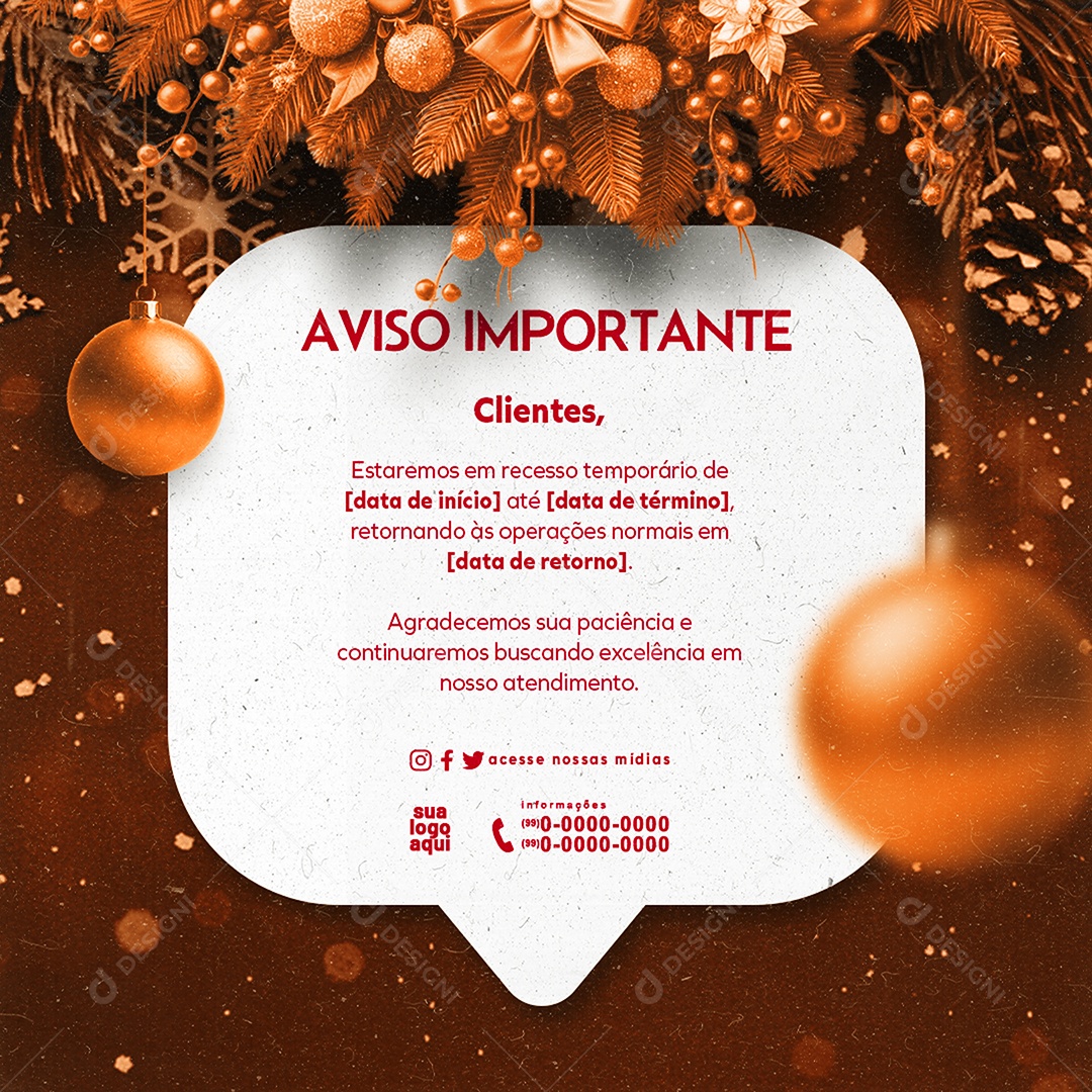 Recesso Natal Horários de Funcionamento Aviso Social Media PSD Editável