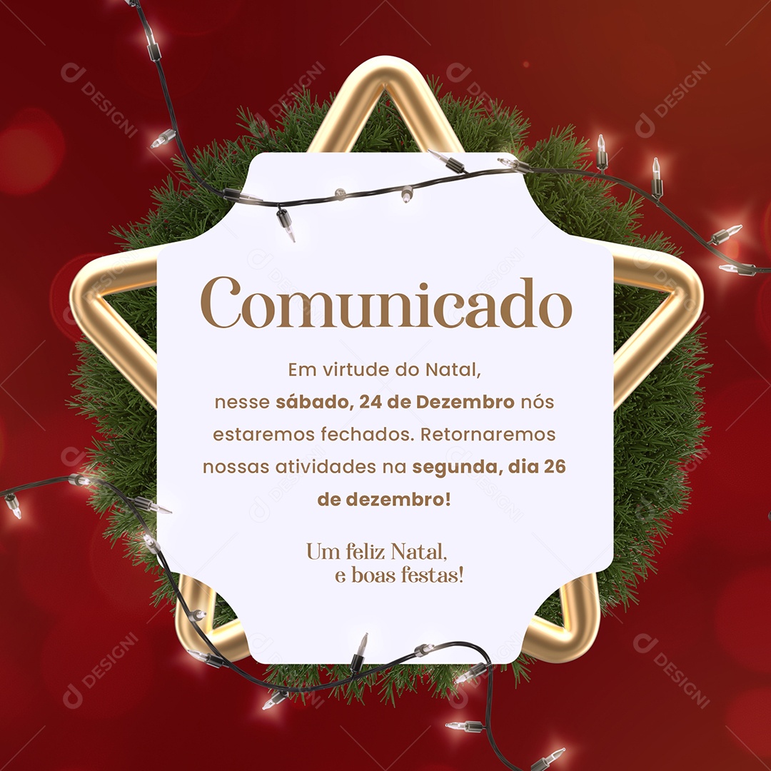 Recesso Natal Comunicado Social Media PSD Editável
