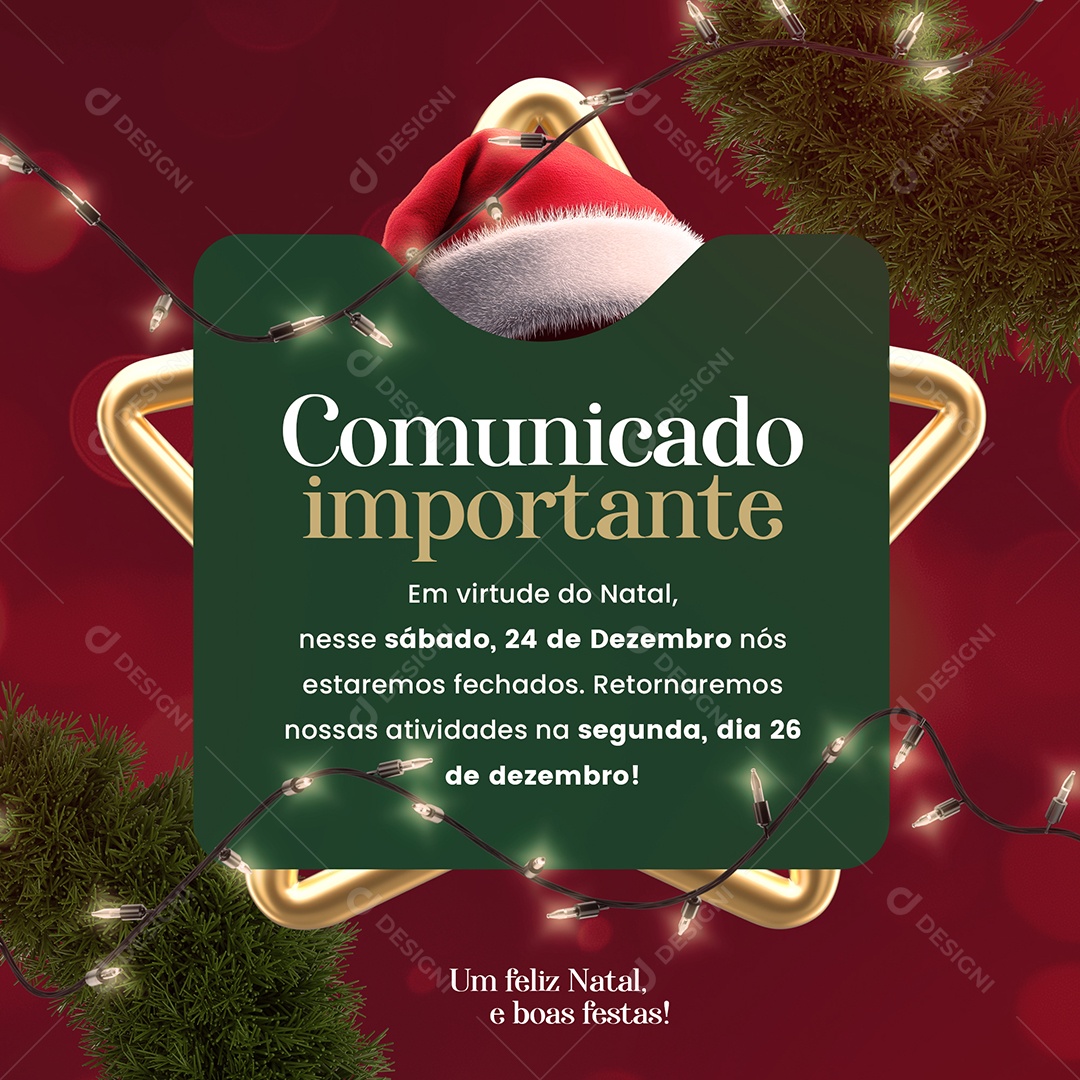 Recesso Natal Comunicado Social Media PSD Editável