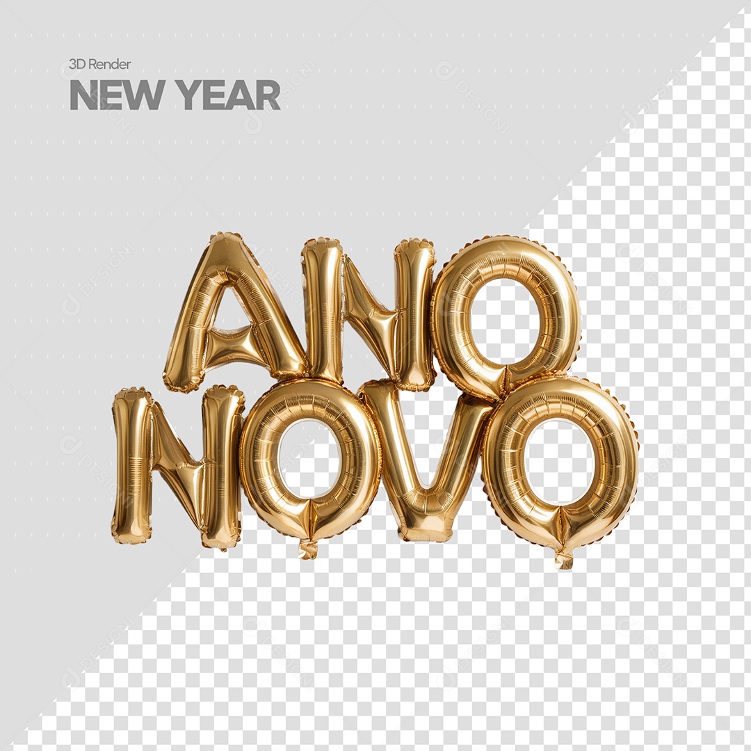 Ano Novo Texto 3D Balão Dourado para Composição PSD