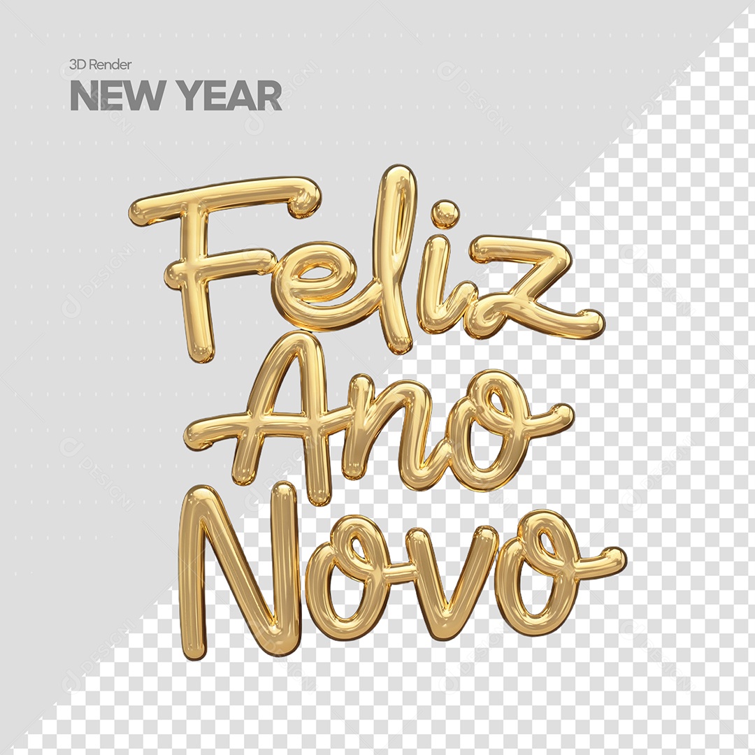 Feliz Ano Novo Texto 3D Balão Dourado para Composição PSD