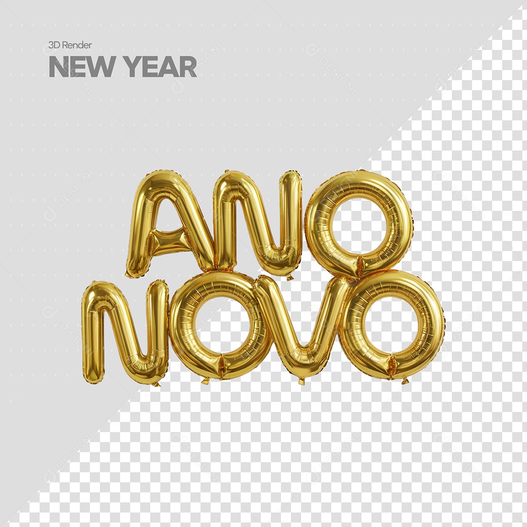 Ano Novo Texto 3D Balão Dourado para Composição PSD
