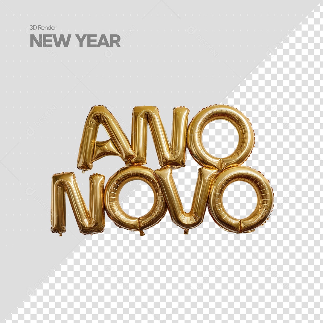 Ano Novo Texto 3D Balão Dourado para Composição PSD