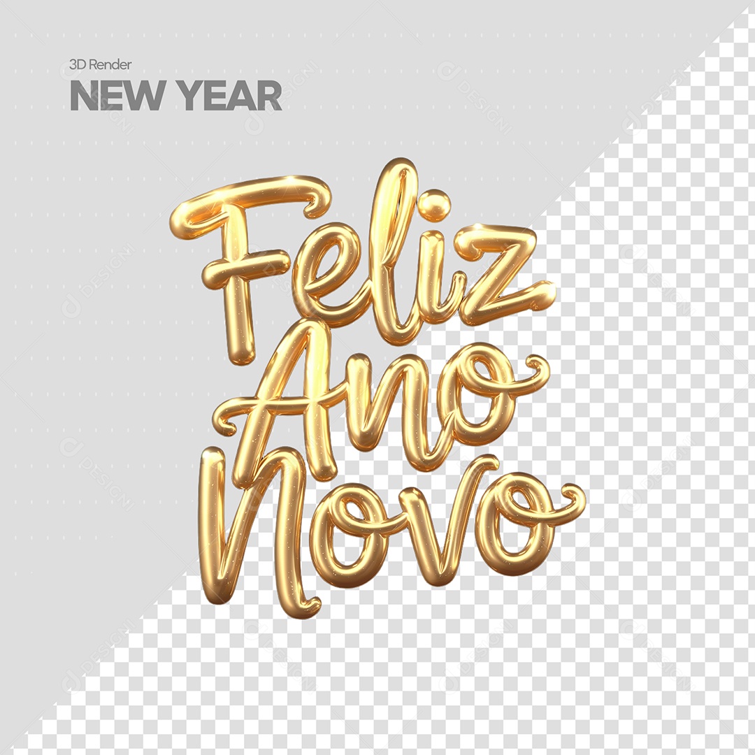 Feliz Ano Novo Texto 3D Balão Dourado para Composição PSD
