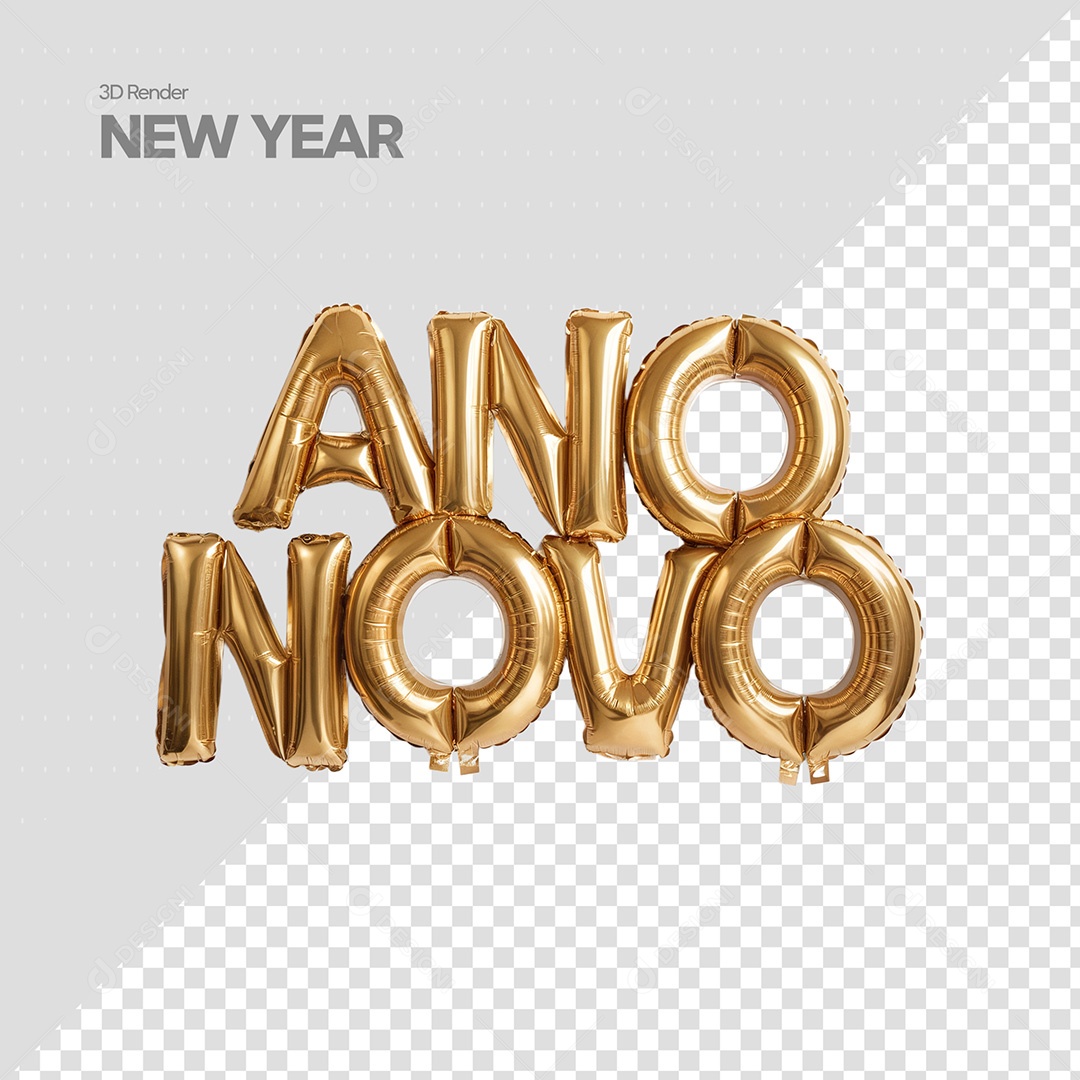 Ano Novo Texto 3D Balão Dourado para Composição PSD