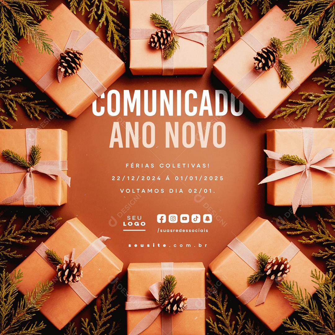 Comunicado Ano Novo Férias Coletiva Social Media PSD Editável
