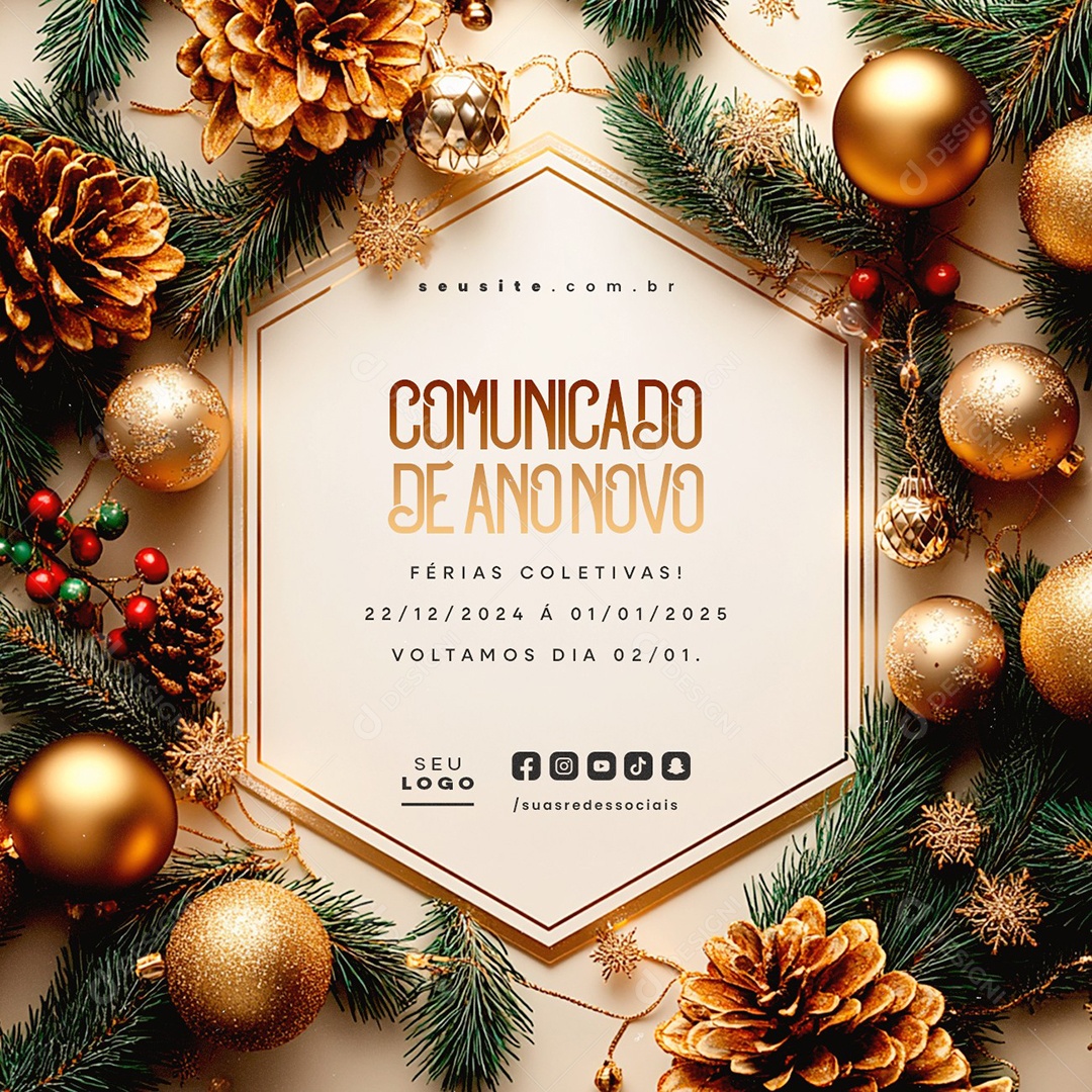 Comunicado de Ano Novo Férias Coletivas Social Media PSD Editável