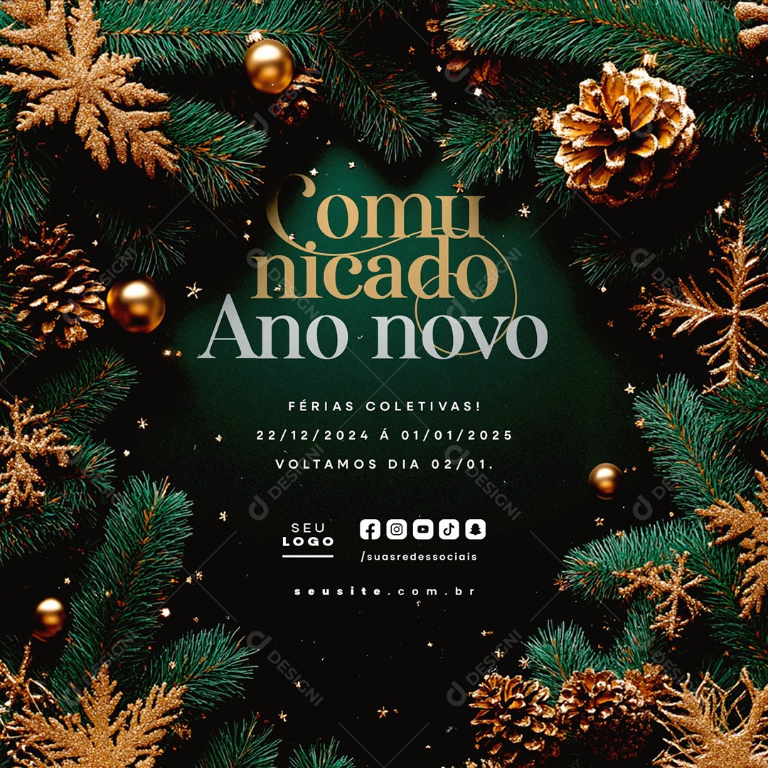 Comunicado Ano Novo Férias Coletiva Social Media PSD Editável