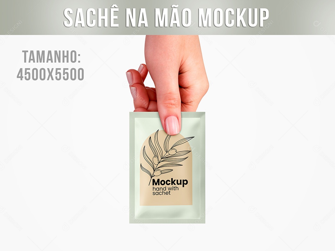 Sachê na Mão Mockup PSD Editável