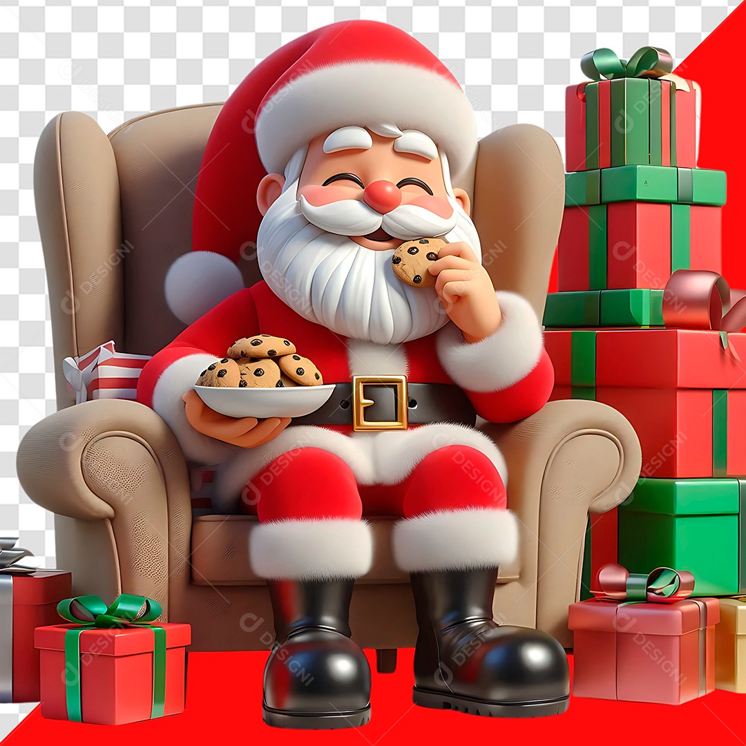 Personagem 3D Papai Noel Comendo Cookies Sentado Em Sua Poltrona para Composição PSD
