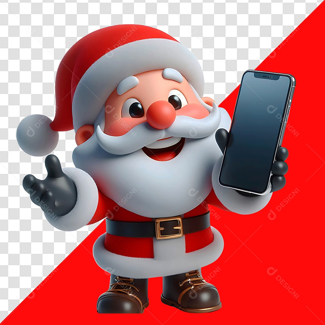 Personagem 3D Papai Noel Segurando Celular para Composição PSD