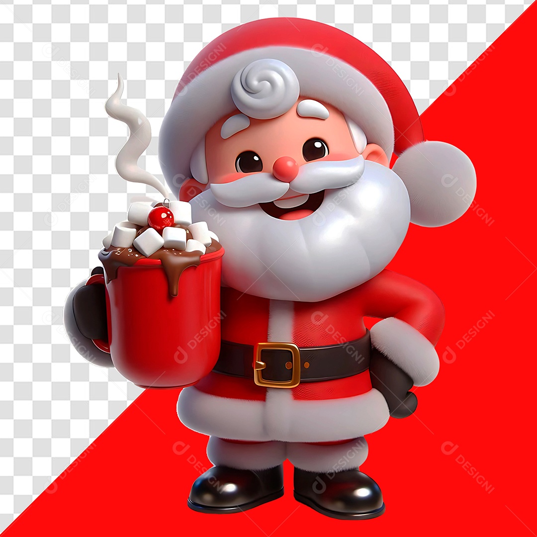 Personagem 3D Papai Noel Segurando Caneca de Chocolate Quente para Composição PSD