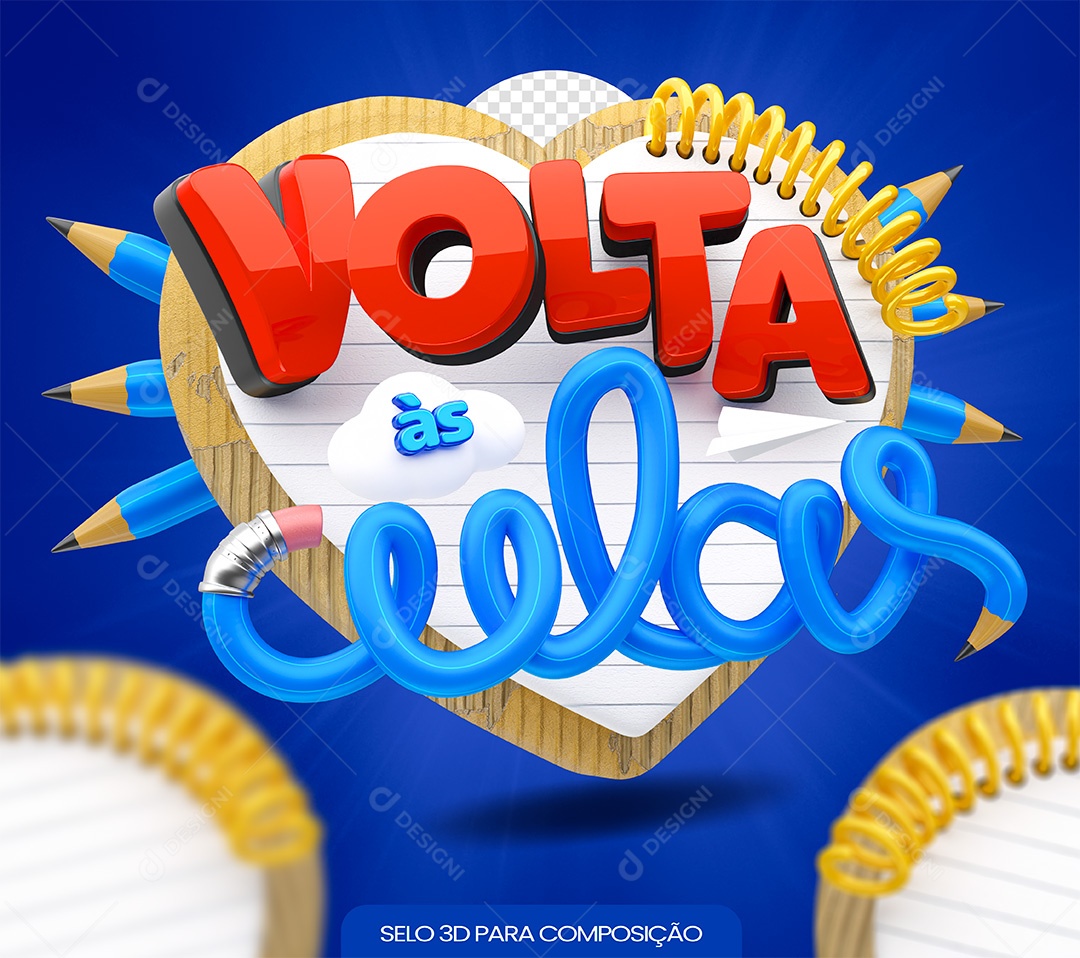 Volta às Aulas Selo 3D Vermelho e Azul para Composição PSD