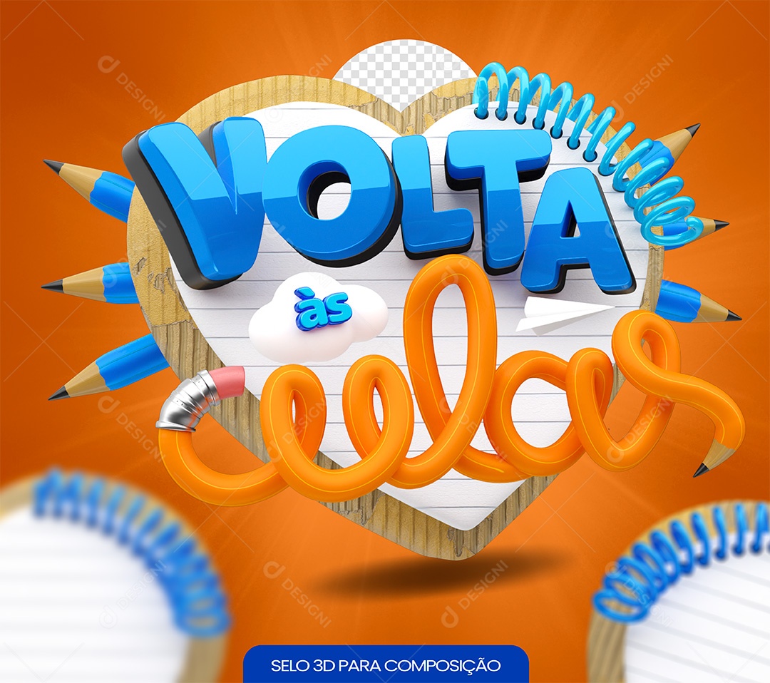 Selo 3D Volta às Aulas Azul e Laranja para Composição PSD