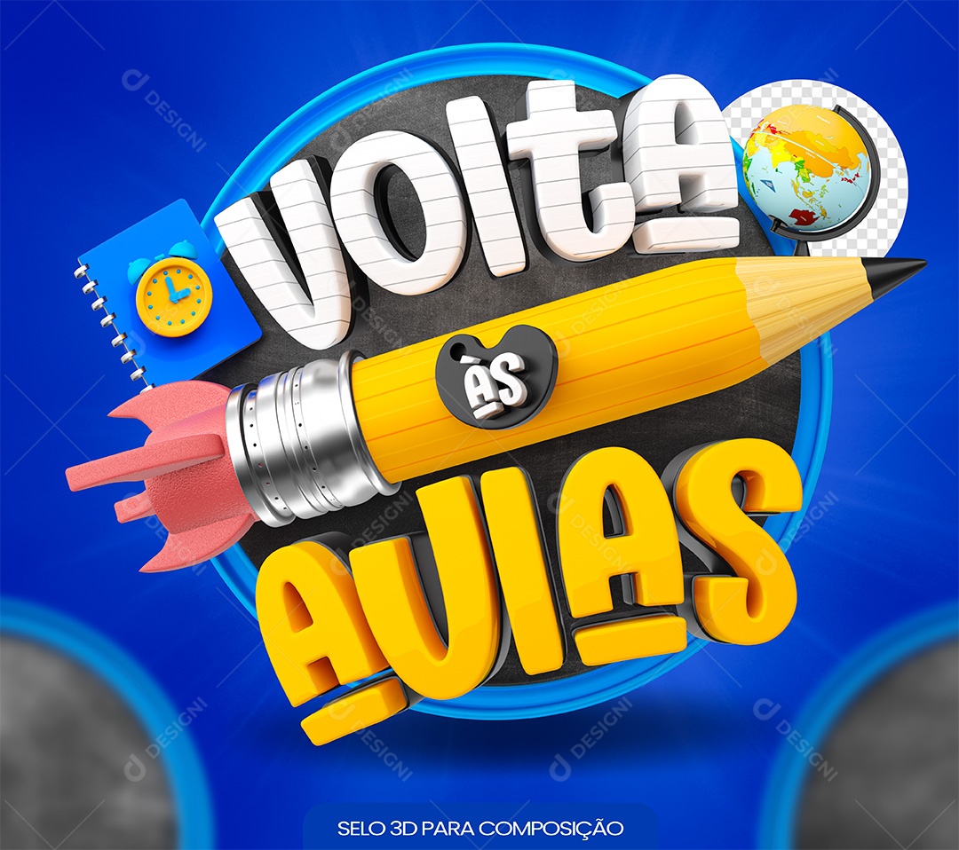 Selo 3D Volta às Aulas Branco e Amarelo para Composição PSD