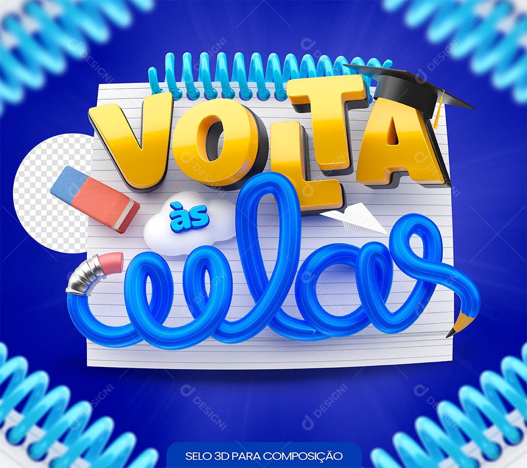 Selo 3D Volta às Aulas Amarelo e Azul para Composição PSD