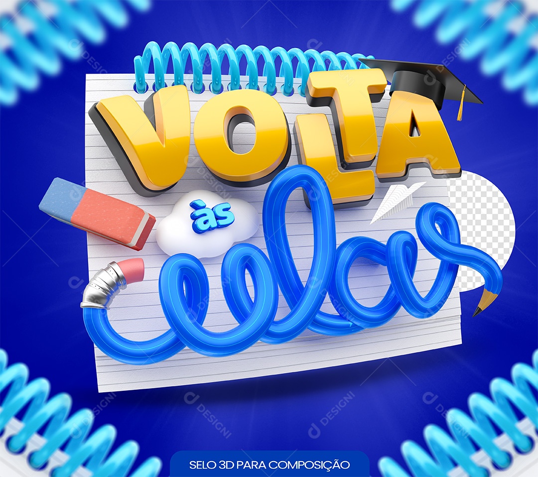 Volta às Aulas Selo 3D Amarelo e Azul para Composição PSD
