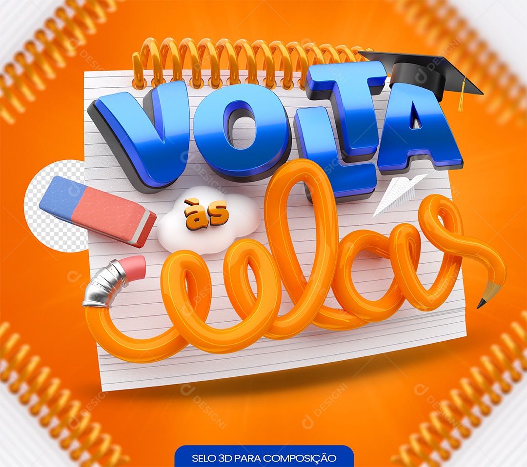 Selo 3D Volta às Aulas Azul e Laranja para Composição PSD