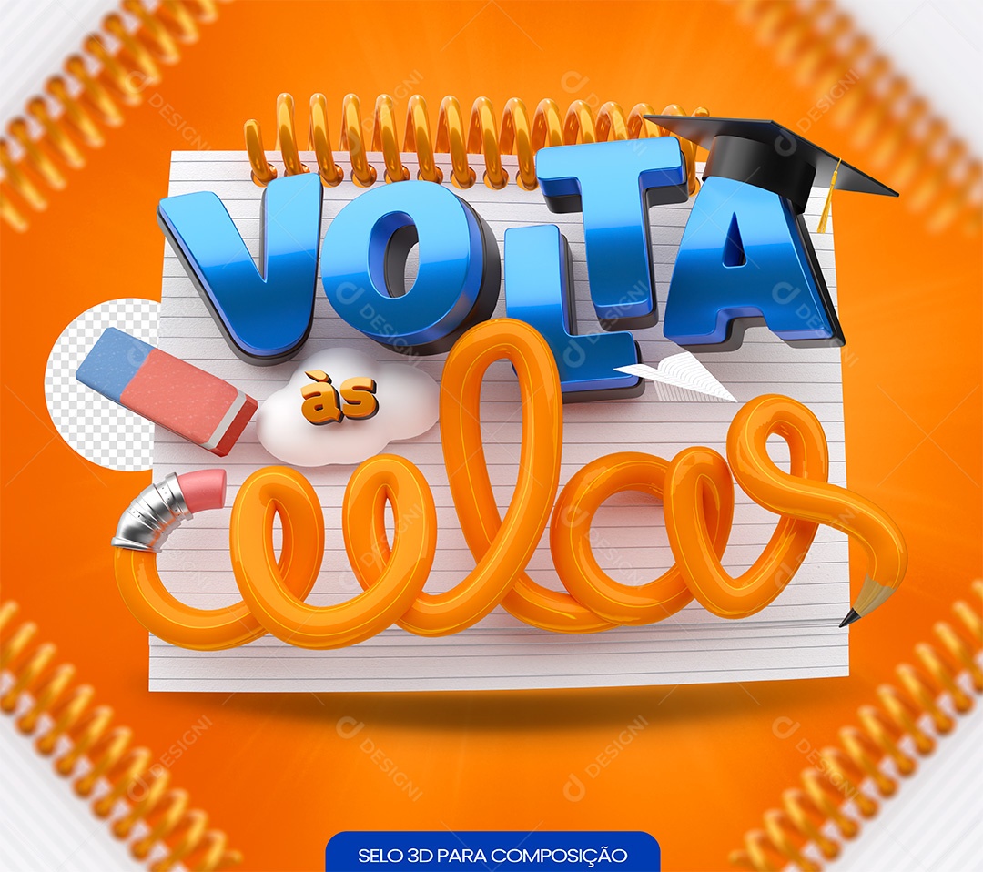 Volta às Aulas Selo 3D Azul e Laranja para Composição PSD