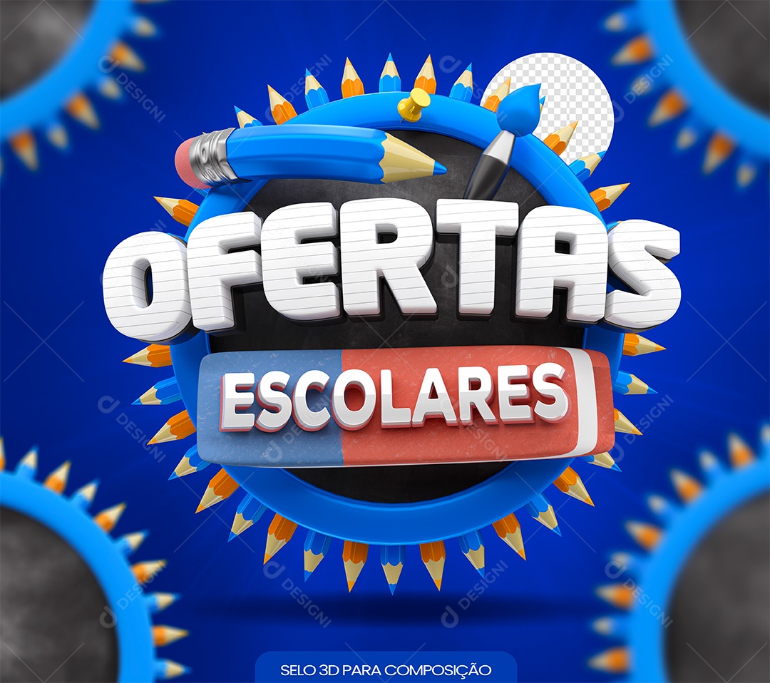 Selo 3D Ofertas Escolares Azul para Composição PSD