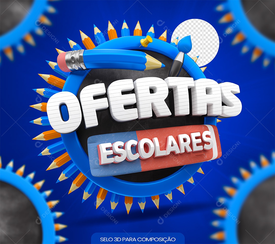 Ofertas Escolares Selo 3D Azul para Composição PSD