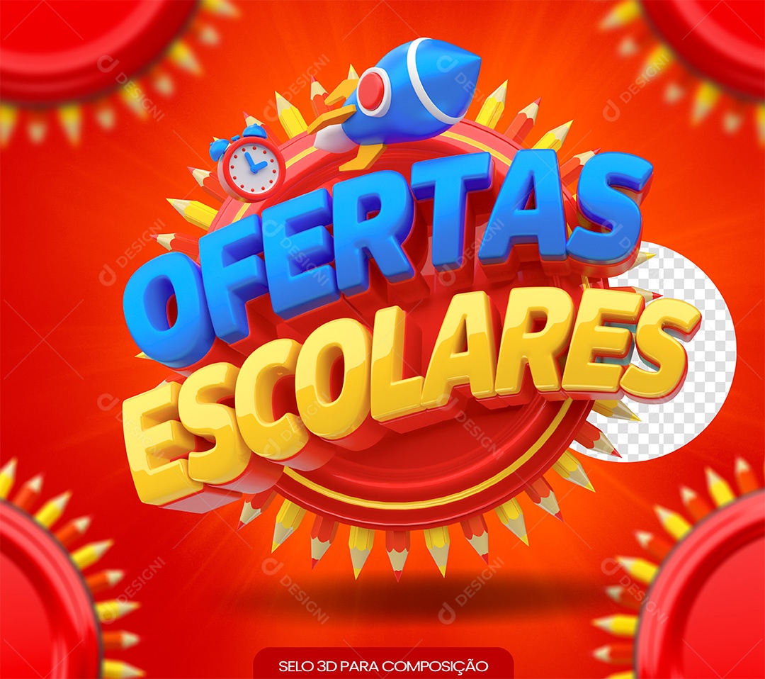 Selo 3D Ofertas Escolares Vermelho Azul e Amarelo para Composição PSD