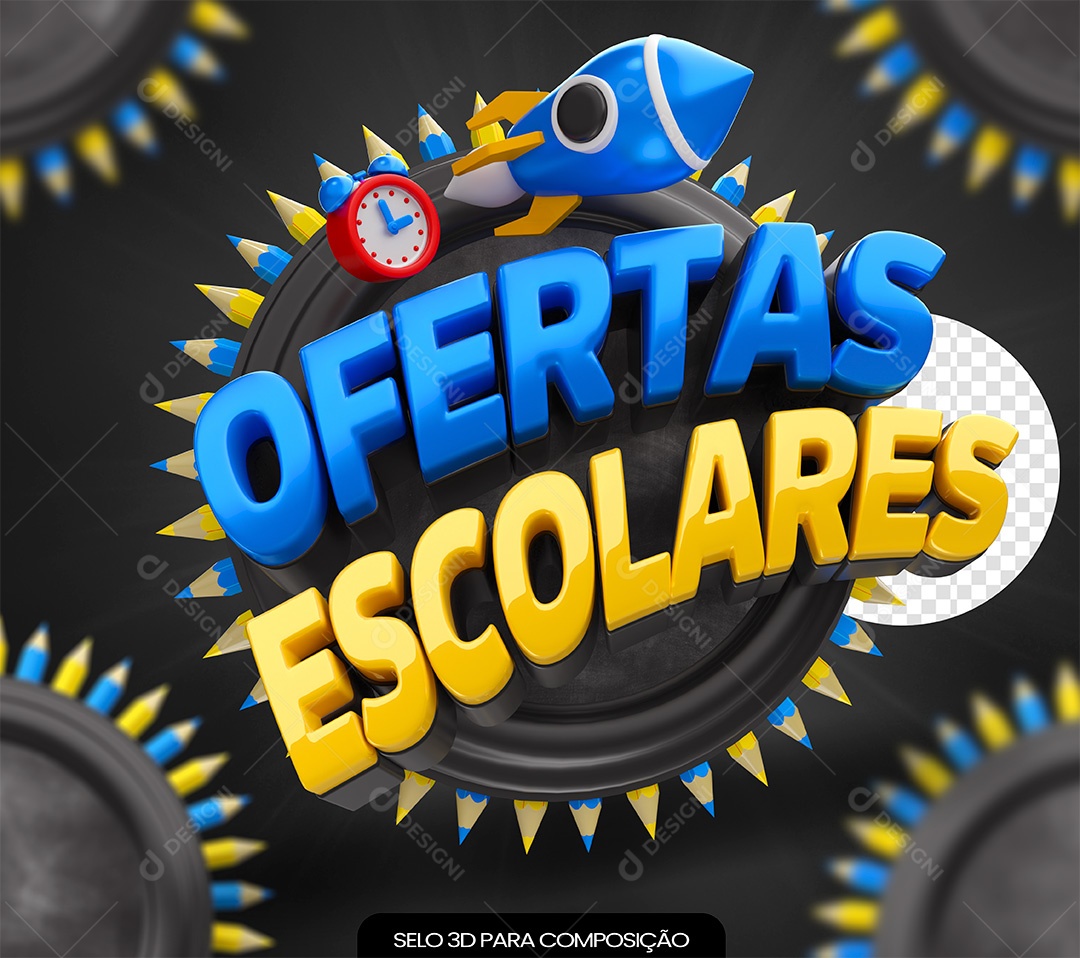 Selo 3D Ofertas Escolares Azul e Amarelo para Composição PSD