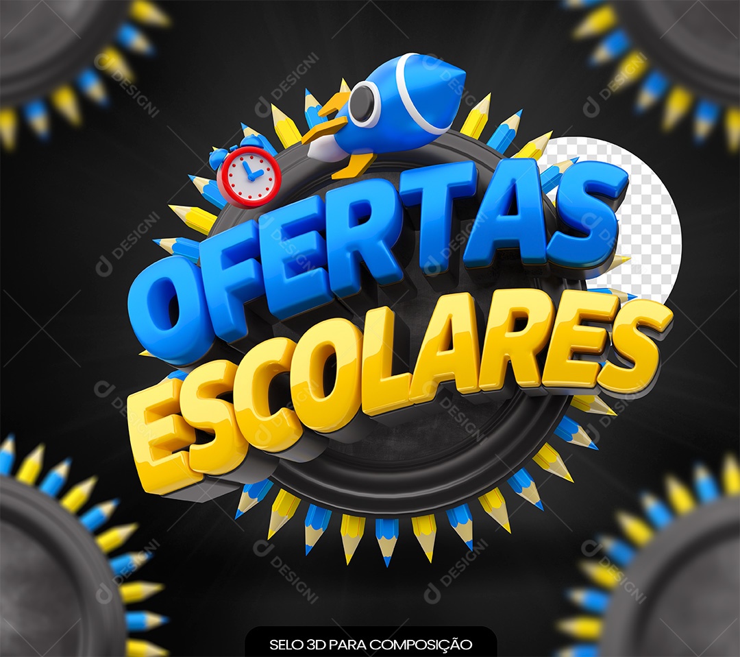 Ofertas Escolares Selo 3D Azul e Amarelo para Composição PSD