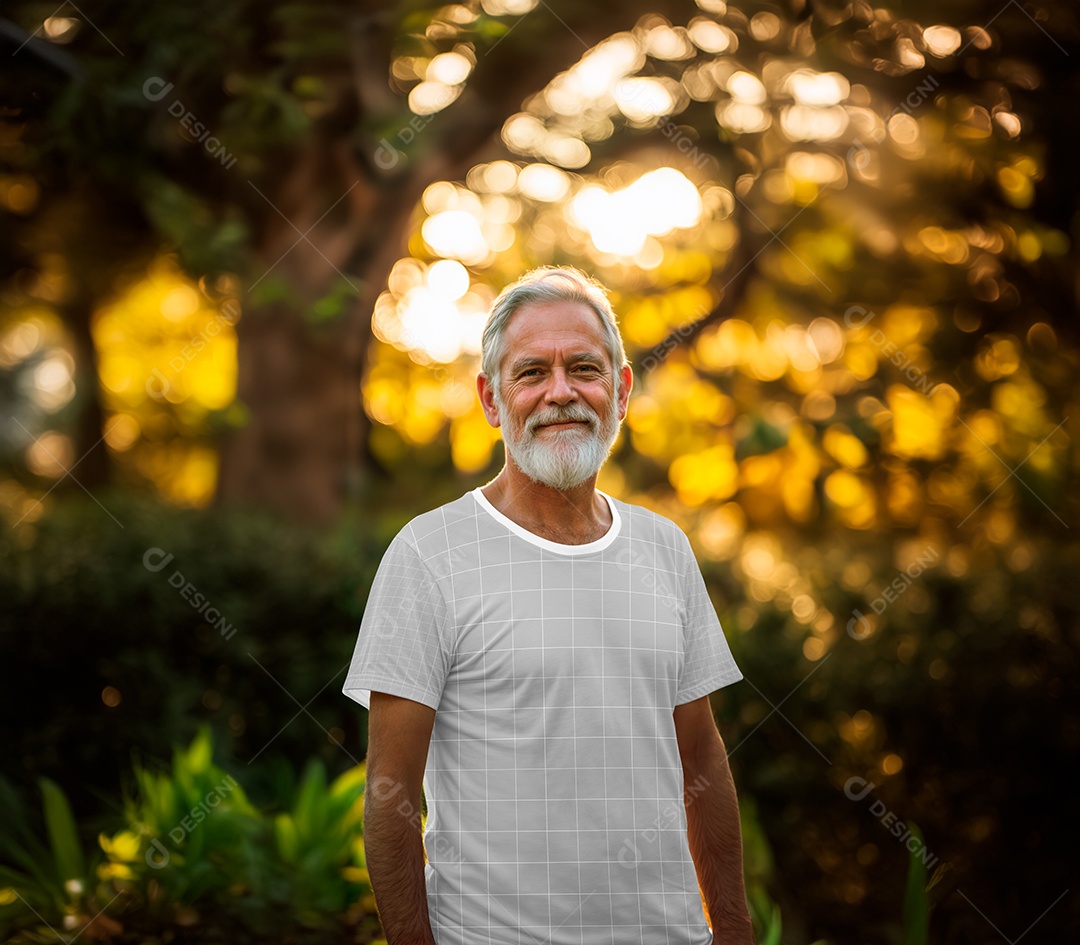 Homem Velho de Camiseta Branca Mockup PSD Editável