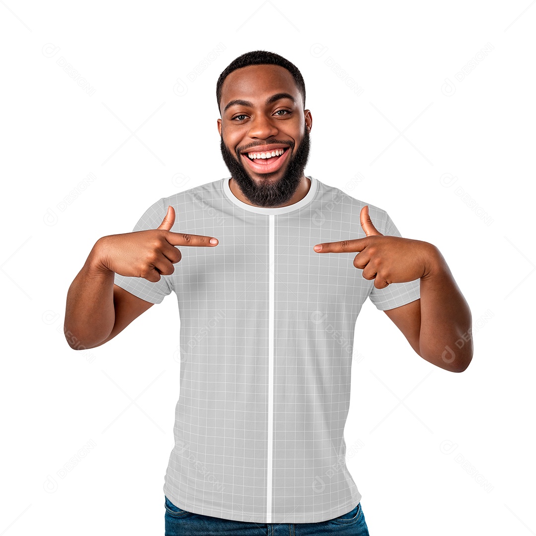 Homem Sorridente Apontando Para Camiseta Mockup PSD Editável