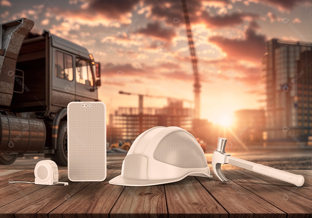 Conjunto de Construção na Mesa de Madeira Mockup PSD Editável